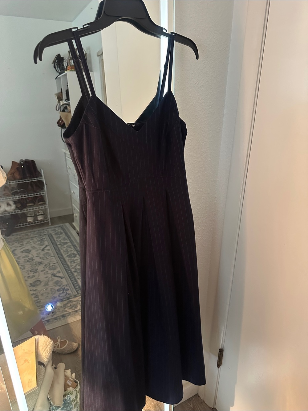 V-Neck Pinstripe Midi Dress in Dark Navy